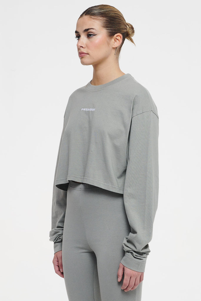 Lucy Cropped Long Sleeve Washed Mountain Grey Tees | Women Cold Hearted | Female 