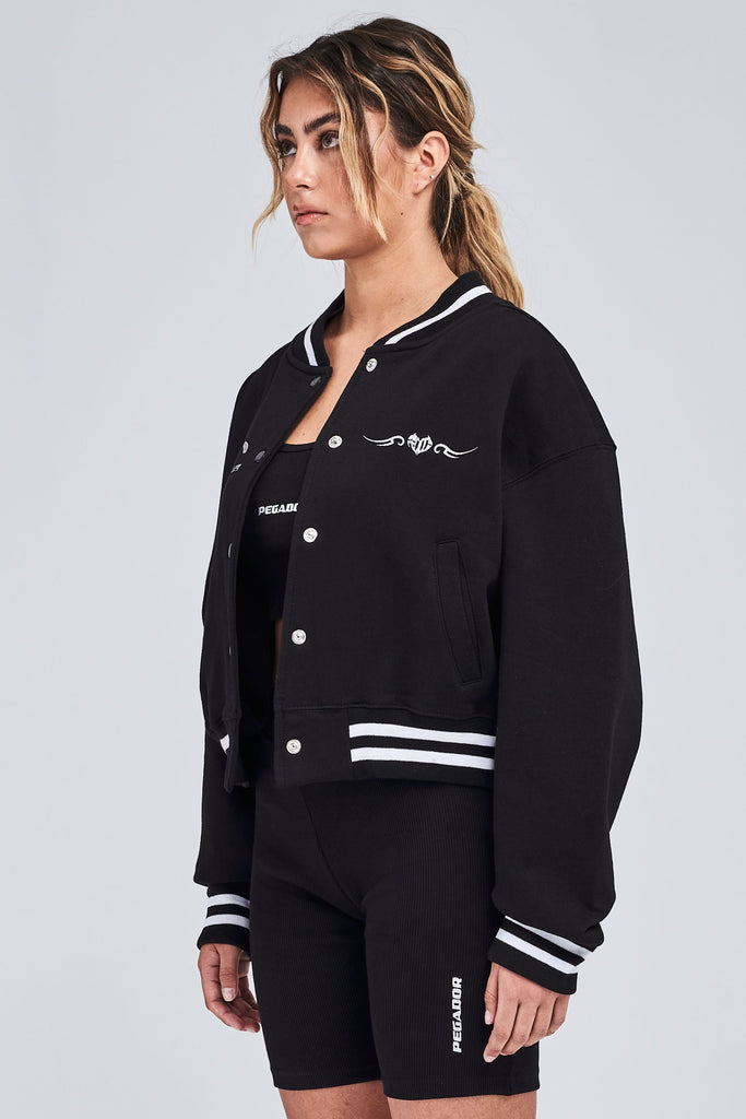 Largo Glitter Oversized Cropped Varsity Jacket Black Jackets | Women Modern Reality Women 
