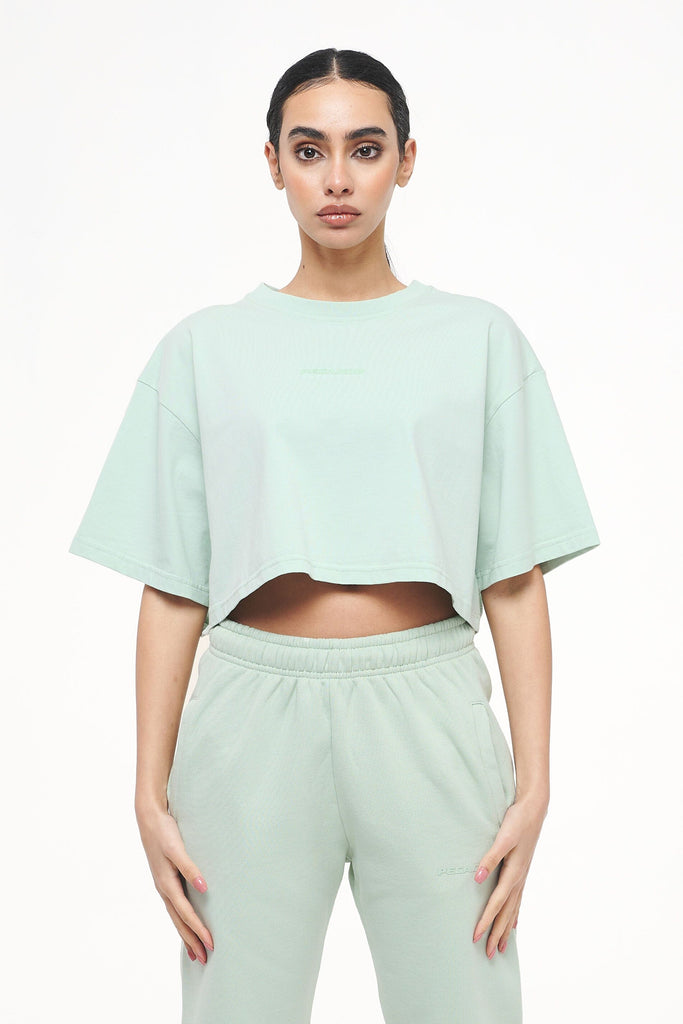 Layla Oversized Cropped Tee Vintage Washed Milky Green Gum Tees | Women Trust The Process | Women 